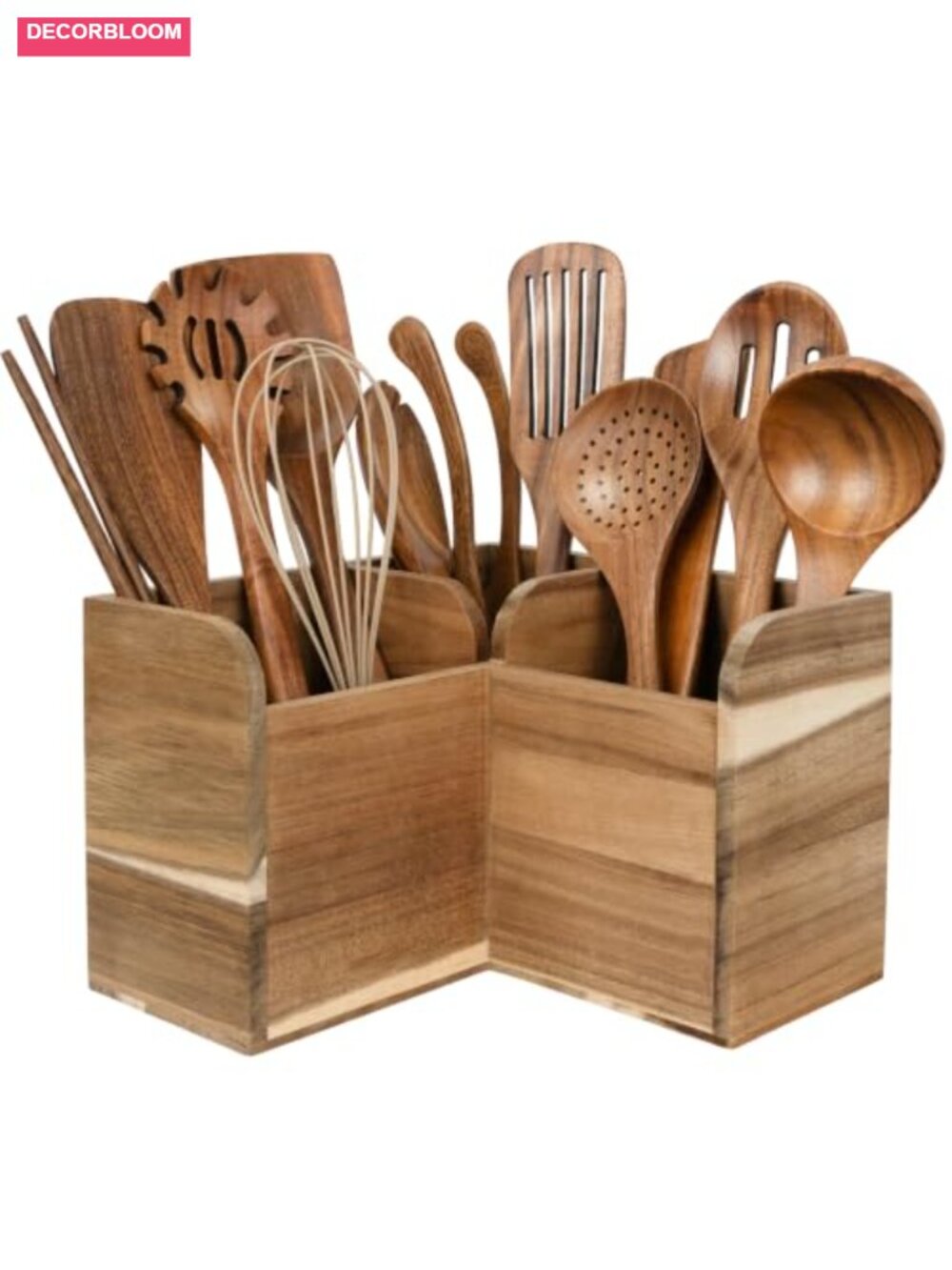 Acacia Wood Corner Utensil Holder 3 Compartment Countertop Organizer